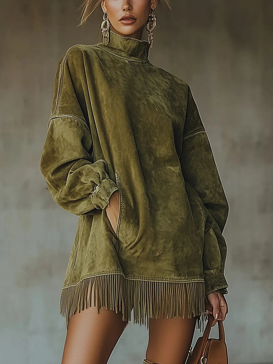 Faye Women's Oversized Mock Turtleneck Fringe Hem Sweater Dress