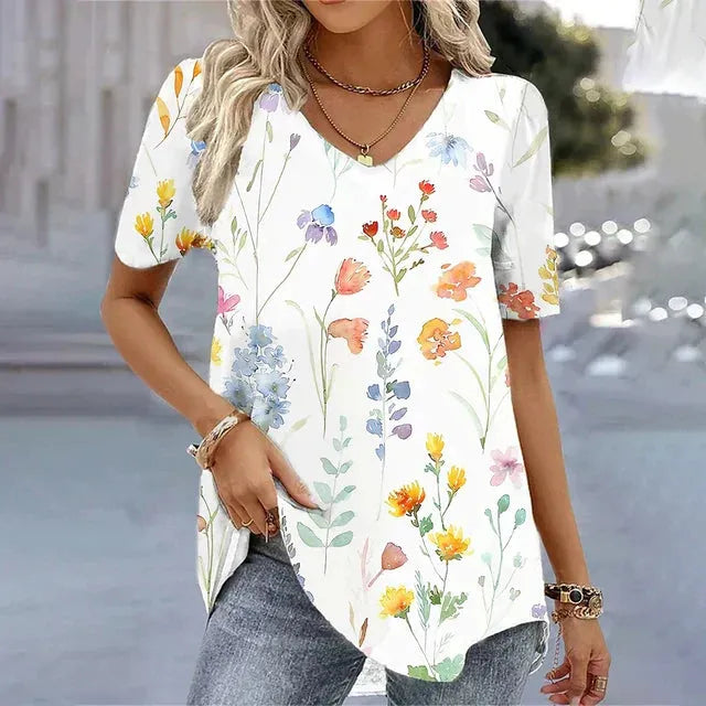 Floral Women's V-Neck Short Sleeve Top