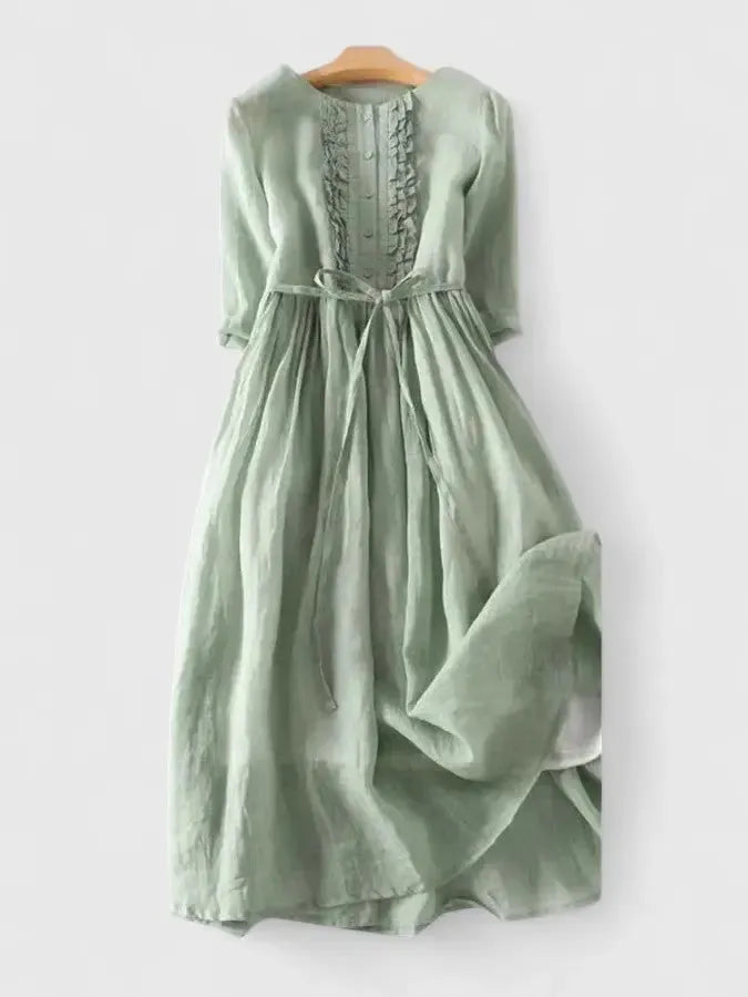 Georgia Women's Linen A-Line Midi Dress with Ruched Back