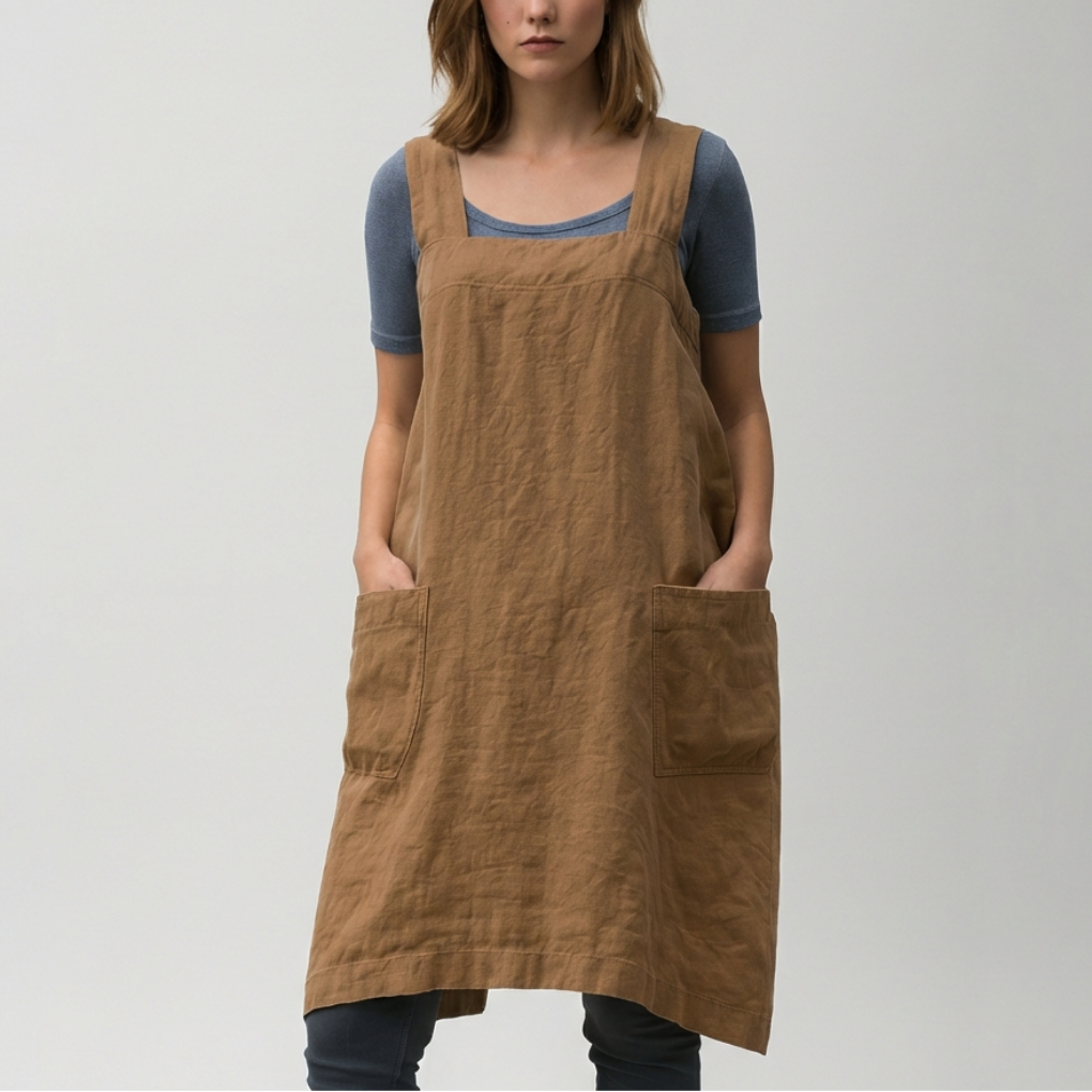 Cotton Linen Apron Style Dress with Pockets for Women