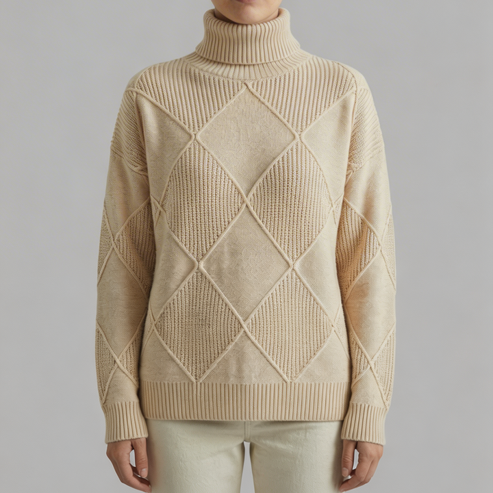 Turtleneck Diamond-Knit Pullover Sweater for Women