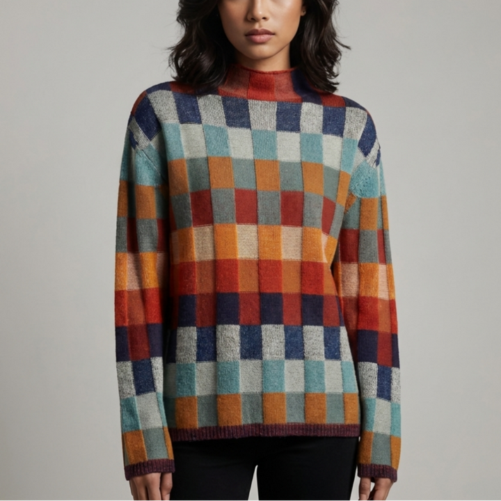 High-Neck Colorblock Knit Sweater for Women