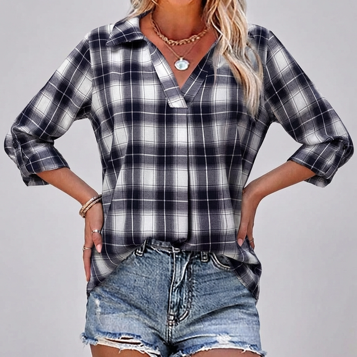 Women’s Checked Long Sleeve V Neck Blouse