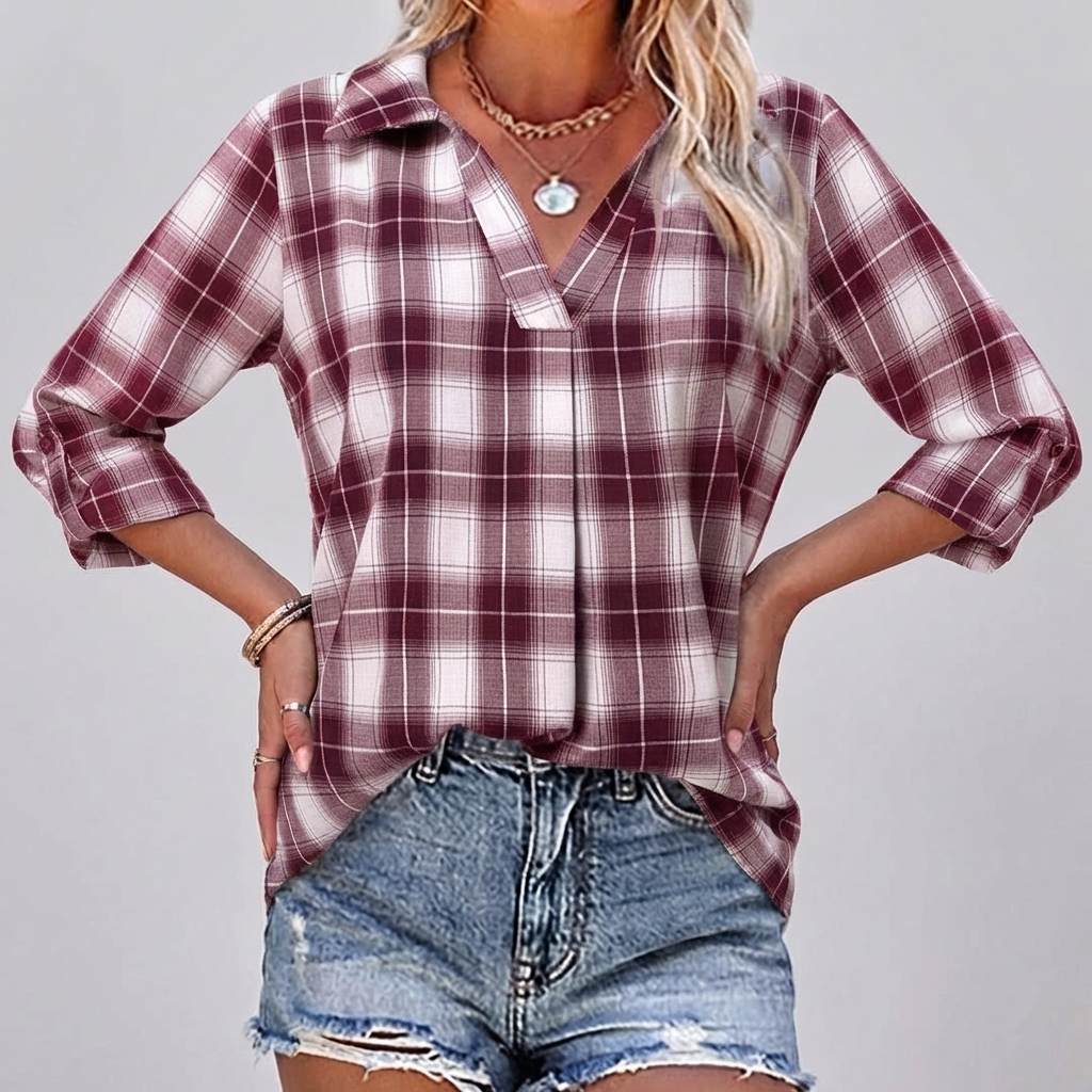 Women’s Checked Long Sleeve V Neck Blouse