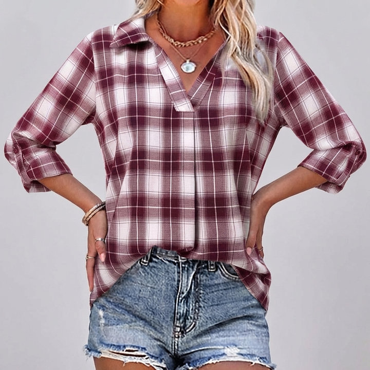 Women’s Checked Long Sleeve V Neck Blouse