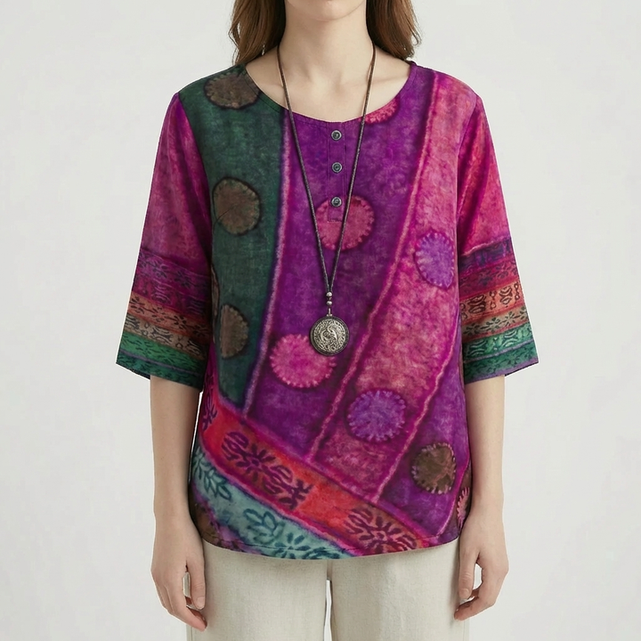 Vintage Print Loose Three-Quarter Sleeve Top