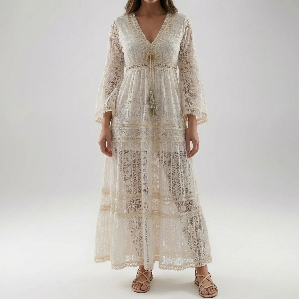Lace Maxi Dress With Flared Sleeves