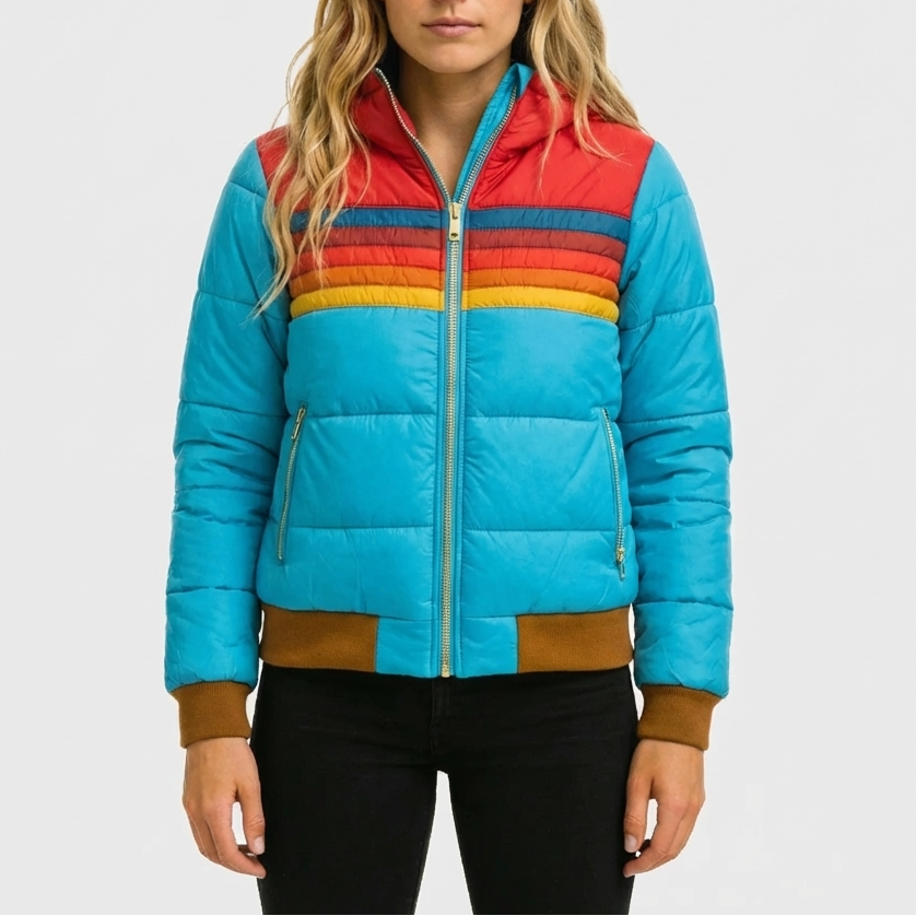 Hooded Retro Striped Puffer Jacket for Women
