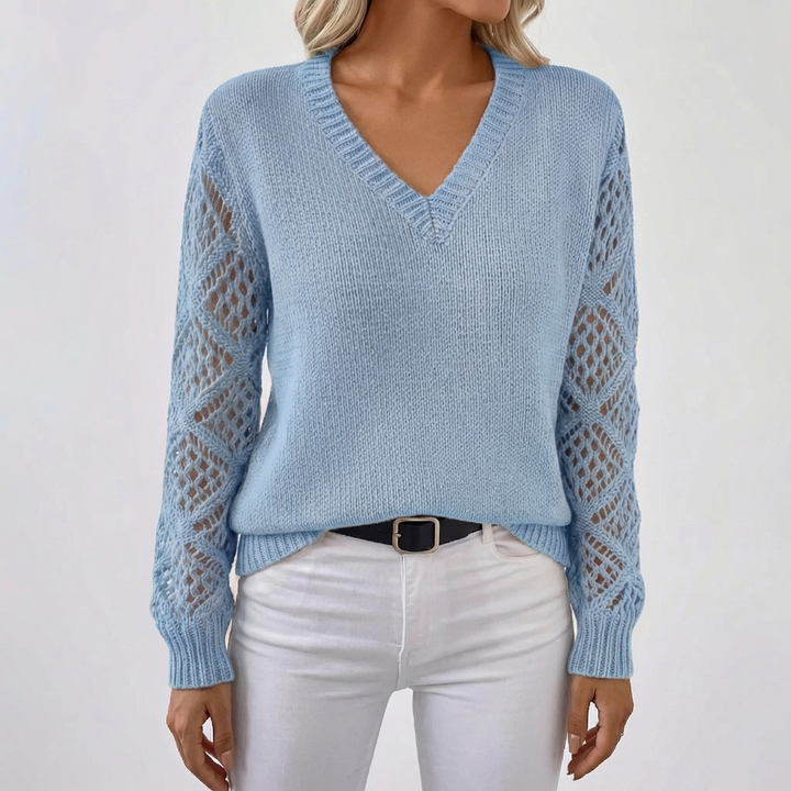 V-Neck Openwork Sleeve Knit Sweater