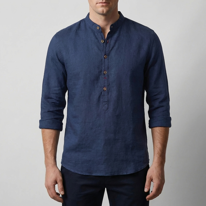 Collarless Henley-Style Long Sleeve Shirt