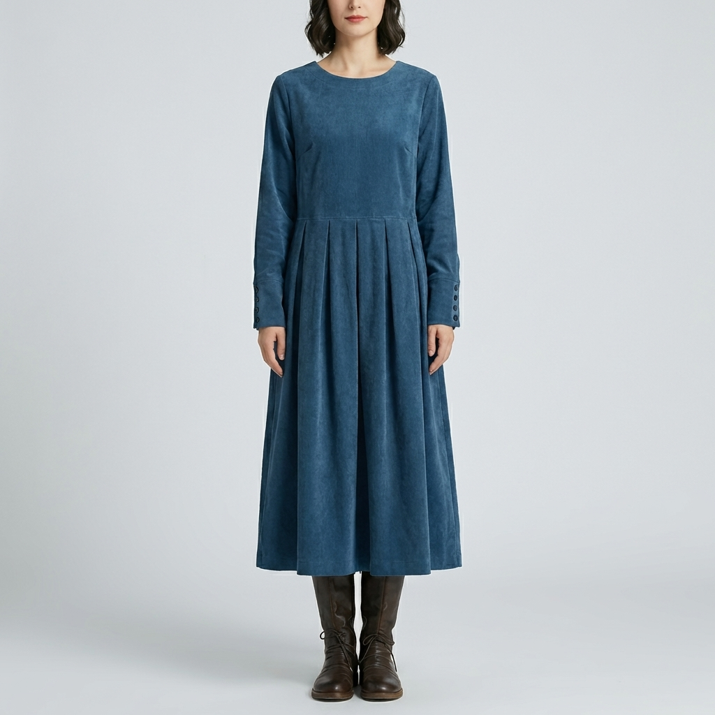 Long-Sleeve Pleated Midi Dress