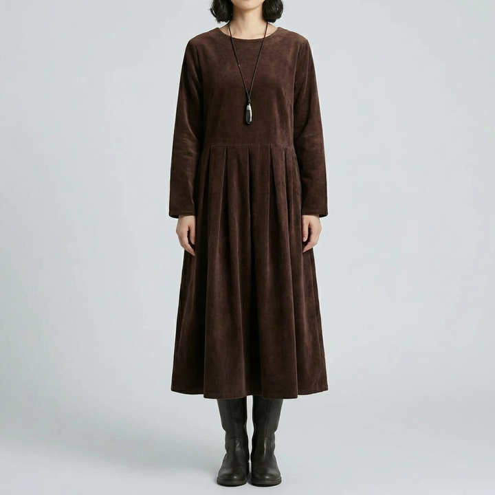 Long-Sleeve Pleated Midi Dress