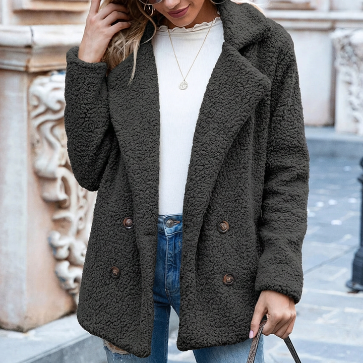 Double-Breasted Buttons - Mid-Length Coat for Women