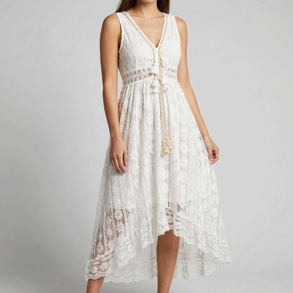 Boho Lace Tie Dress with Tassels