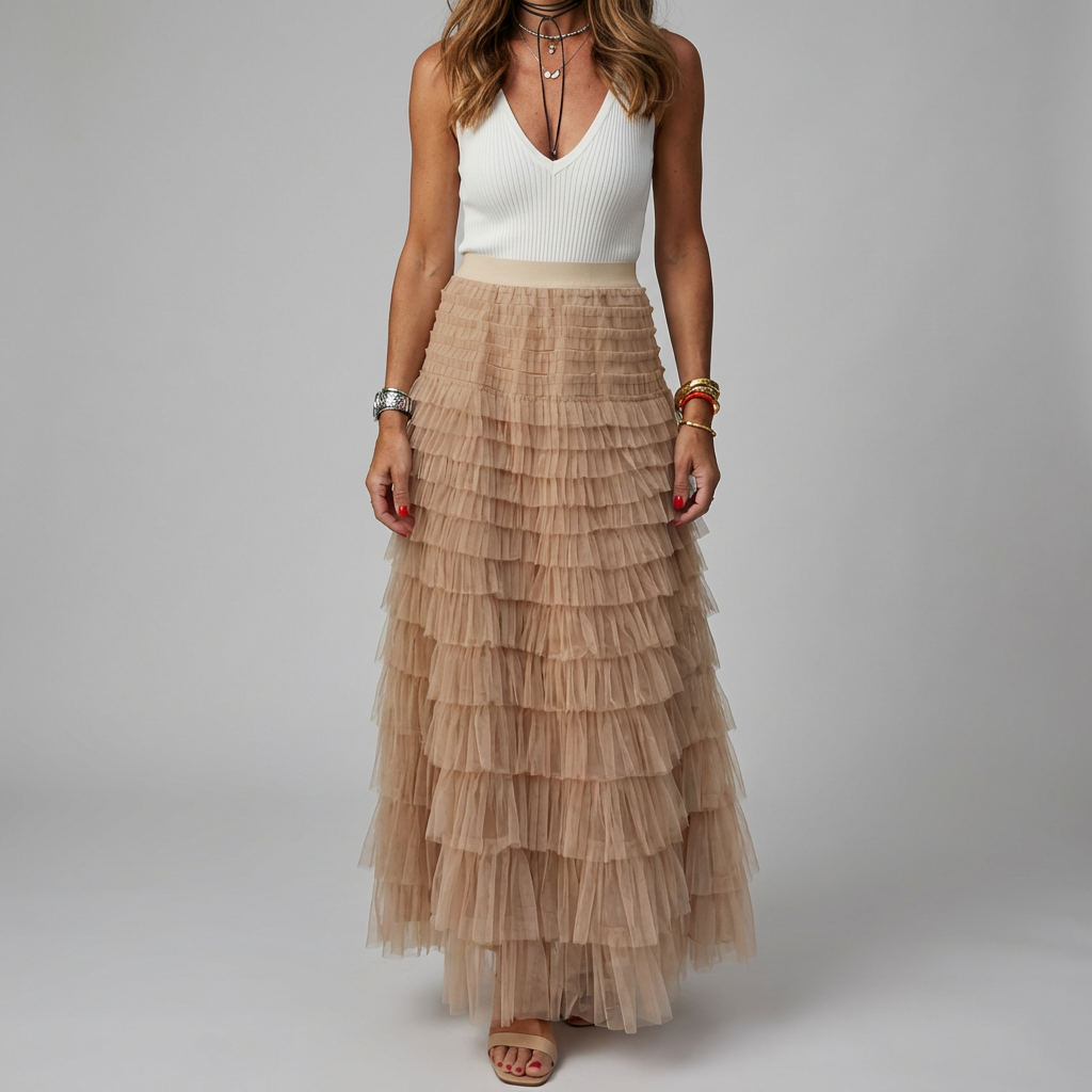 Tulle Maxi Skirt with Elastic Waistband for Women