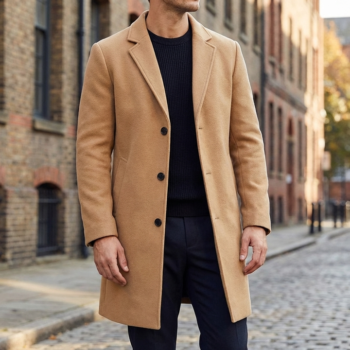 Men's Long Winter Coat with Notch Lapel