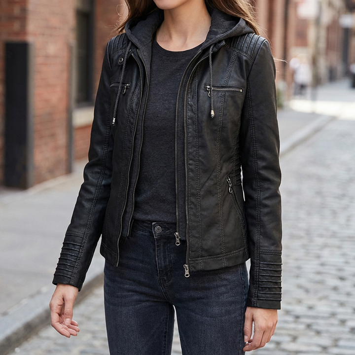 Hooded Faux Leather Moto Jacket for Women