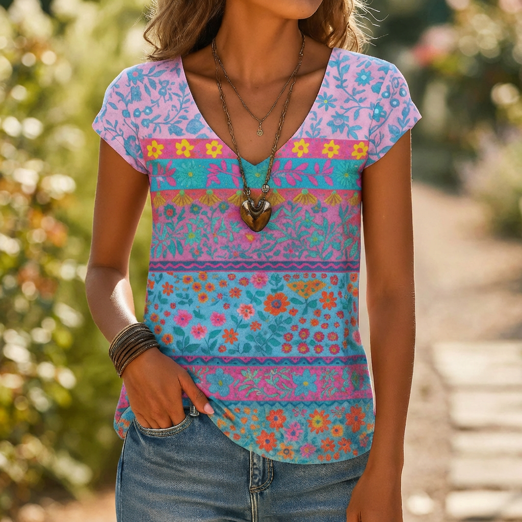 Casual T-Shirt with Floral Print and V-Neck