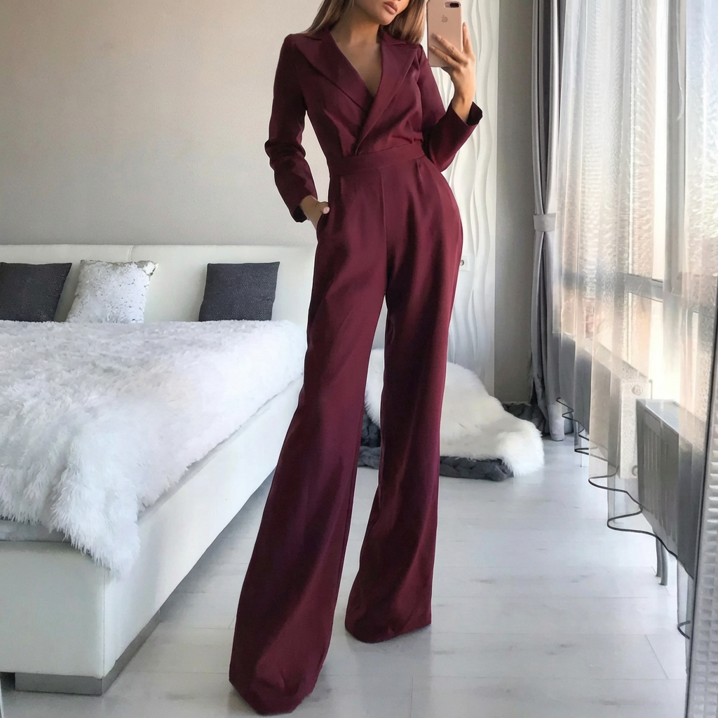 V-Neck Jumpsuit with Wide Legs for Women