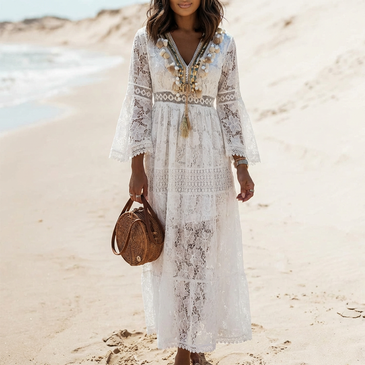 Bohemian Maxi Dress with Lace and Flared Sleeves for Women