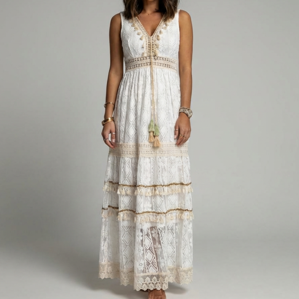 Bohemian Maxi Dress with Lace and Flared Sleeves for Women