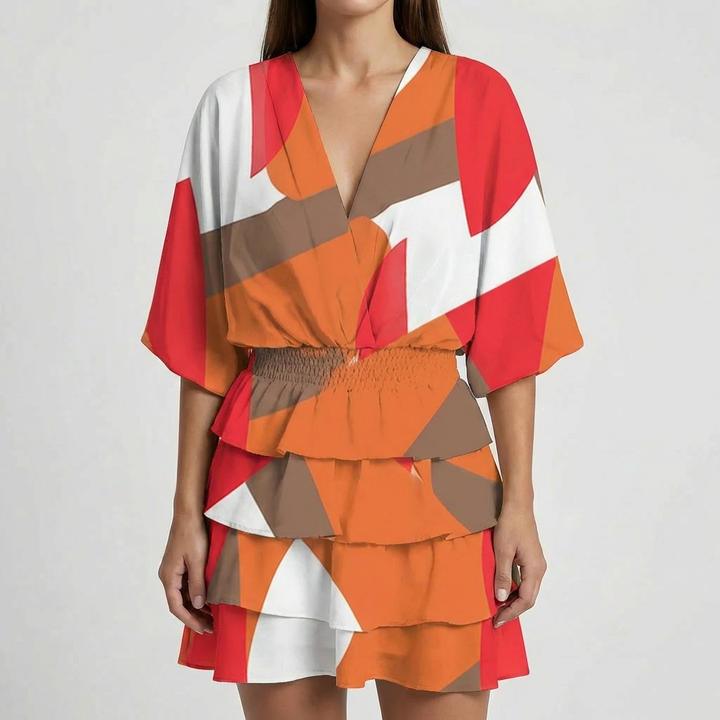 Deep V-Neck Batwing Sleeve Mini Dress
