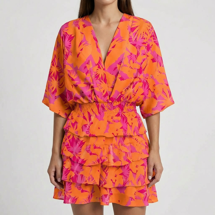 Deep V-Neck Batwing Sleeve Mini Dress