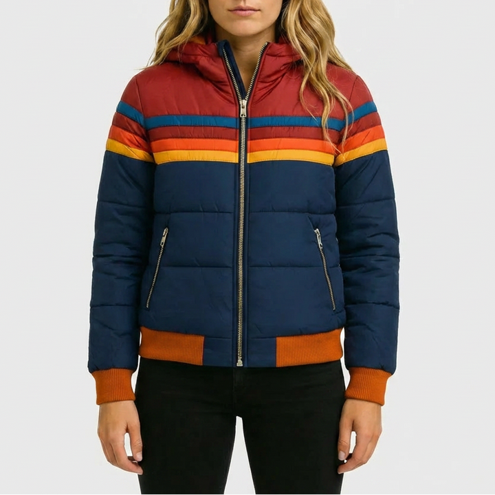 Hooded Retro Striped Puffer Jacket for Women