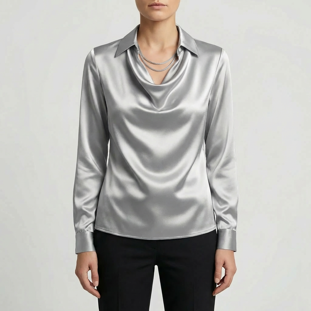 Long-Sleeve Waterfall Collar Blouse