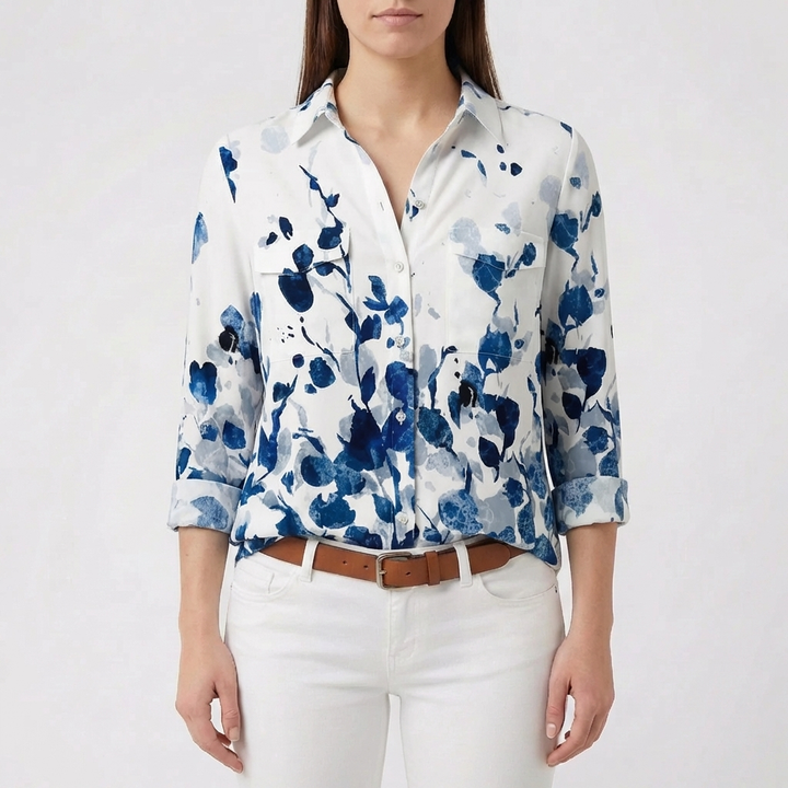 Button-Front Floral Print Blouse