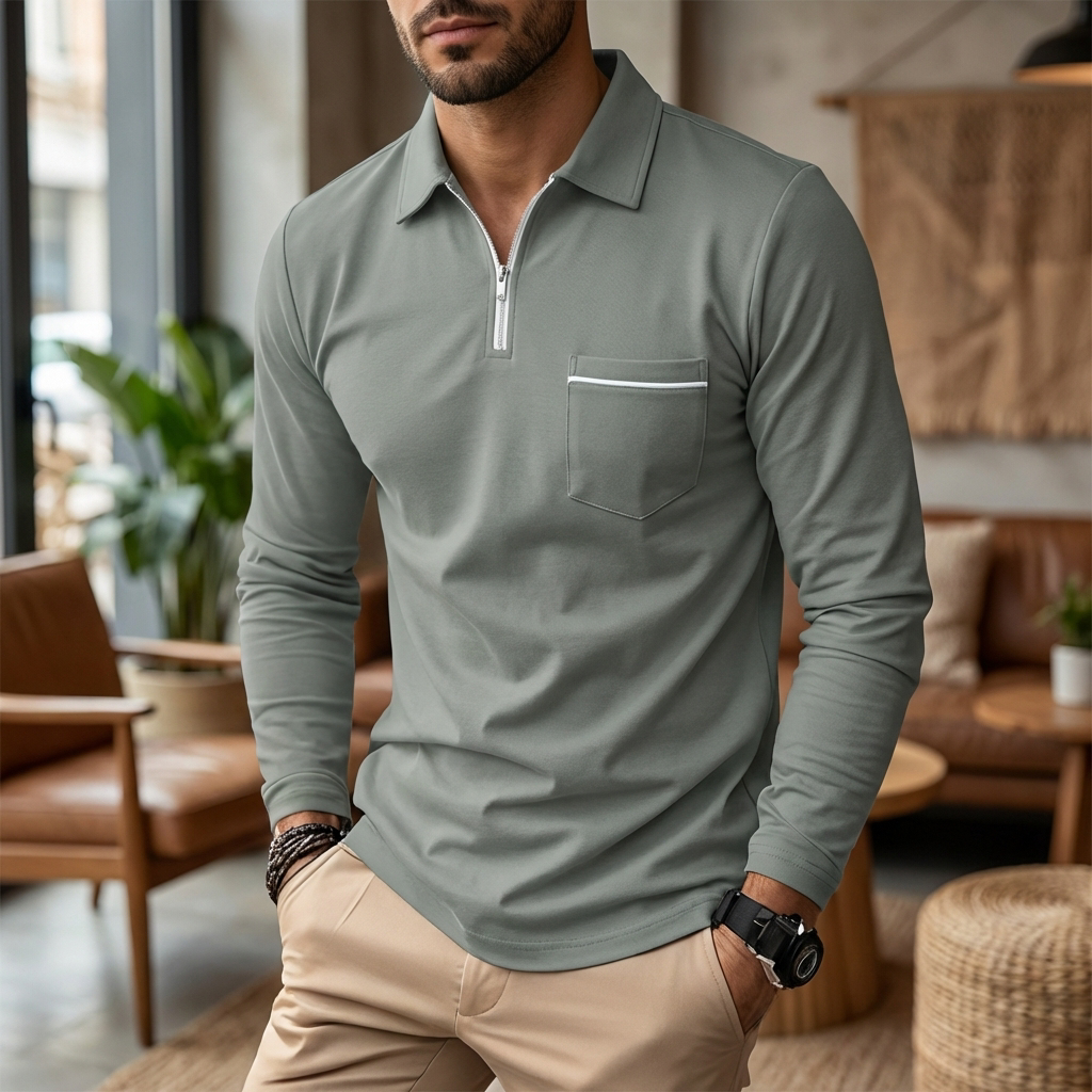 Long-Sleeve Zip Polo With Chest Pocket