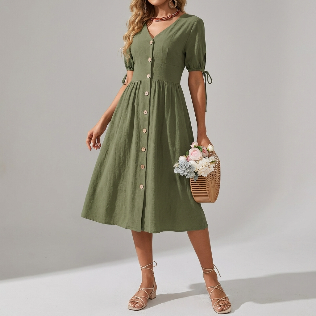 V-Neck Cotton Spring/Summer Dress with Effortless Elegance