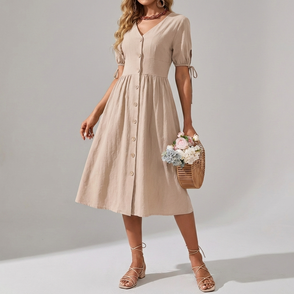 V-Neck Cotton Spring/Summer Dress with Effortless Elegance