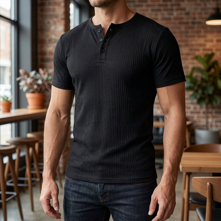 Slim-Fit Henley T-Shirt for Men with Button Closure
