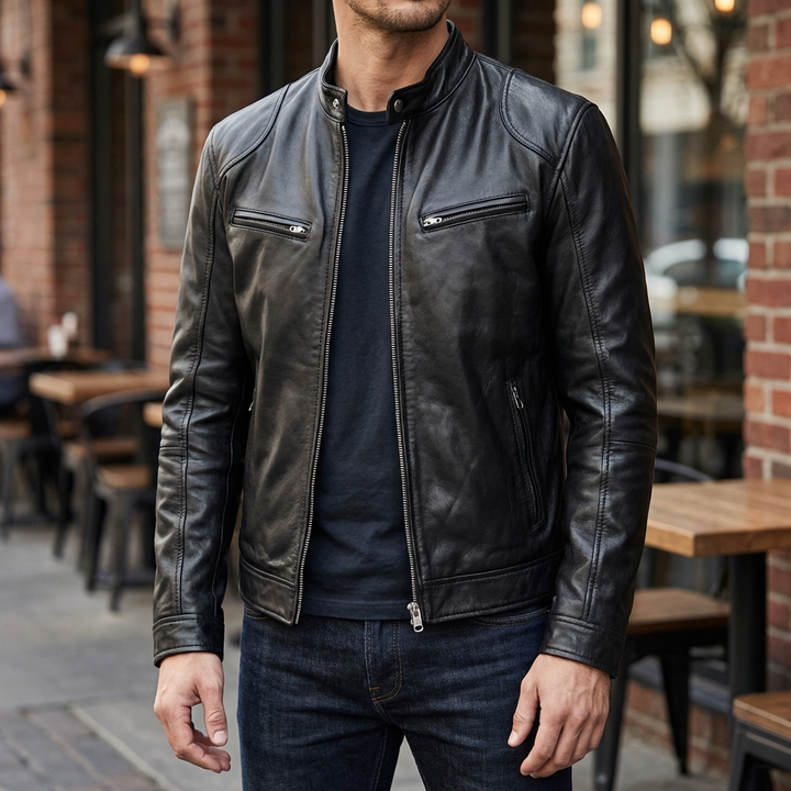 Rugged Leather Motorcycle Biker Jacket for Men