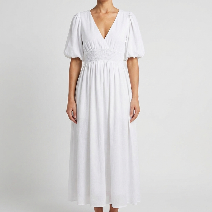 Women’s V Neck Midi Dress with Elastic Waist