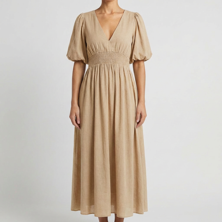 Women’s V Neck Midi Dress with Elastic Waist