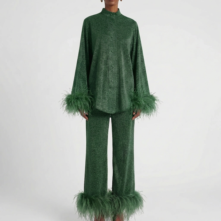 Feather-Trimmed Two-Piece Shirt And Trouser Set