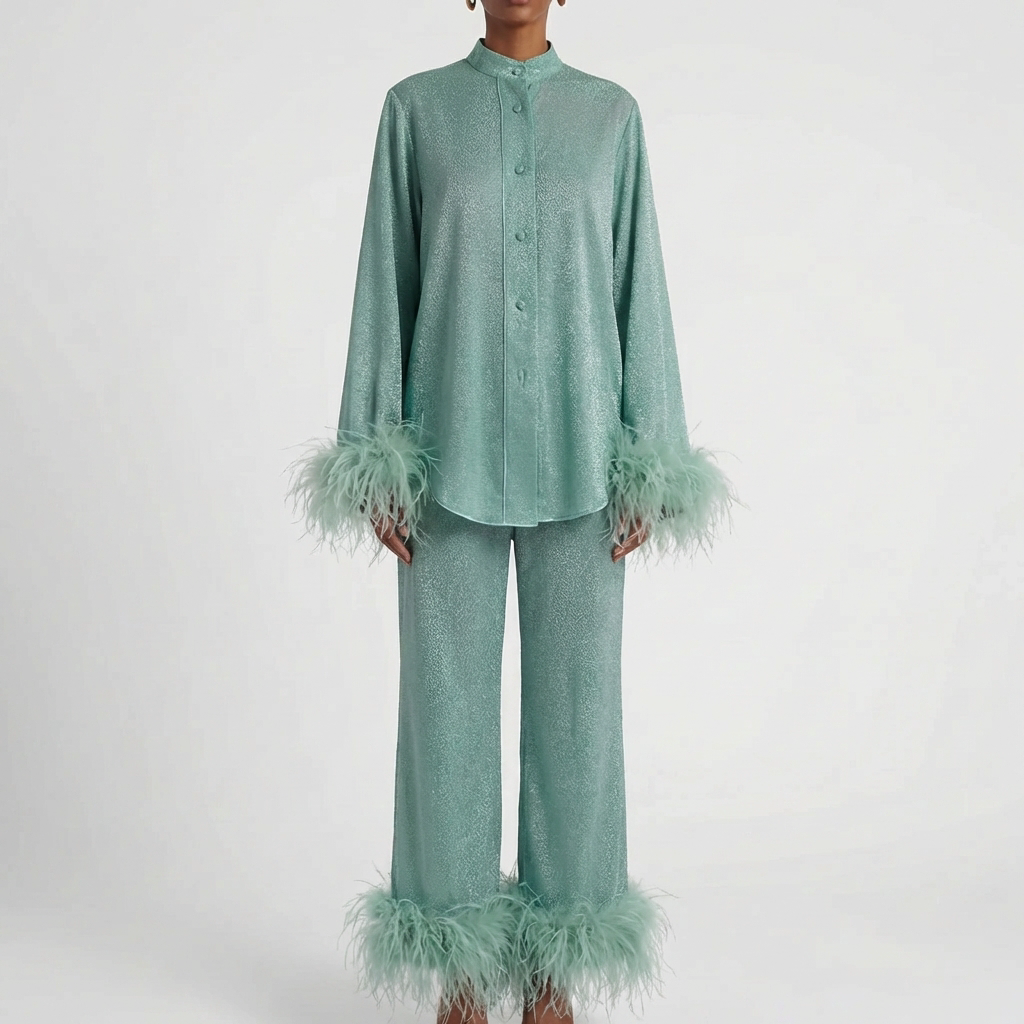 Feather-Trimmed Two-Piece Shirt And Trouser Set