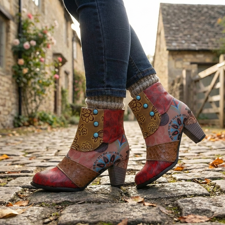 Patchwork Print Block Heel Ankle Boot