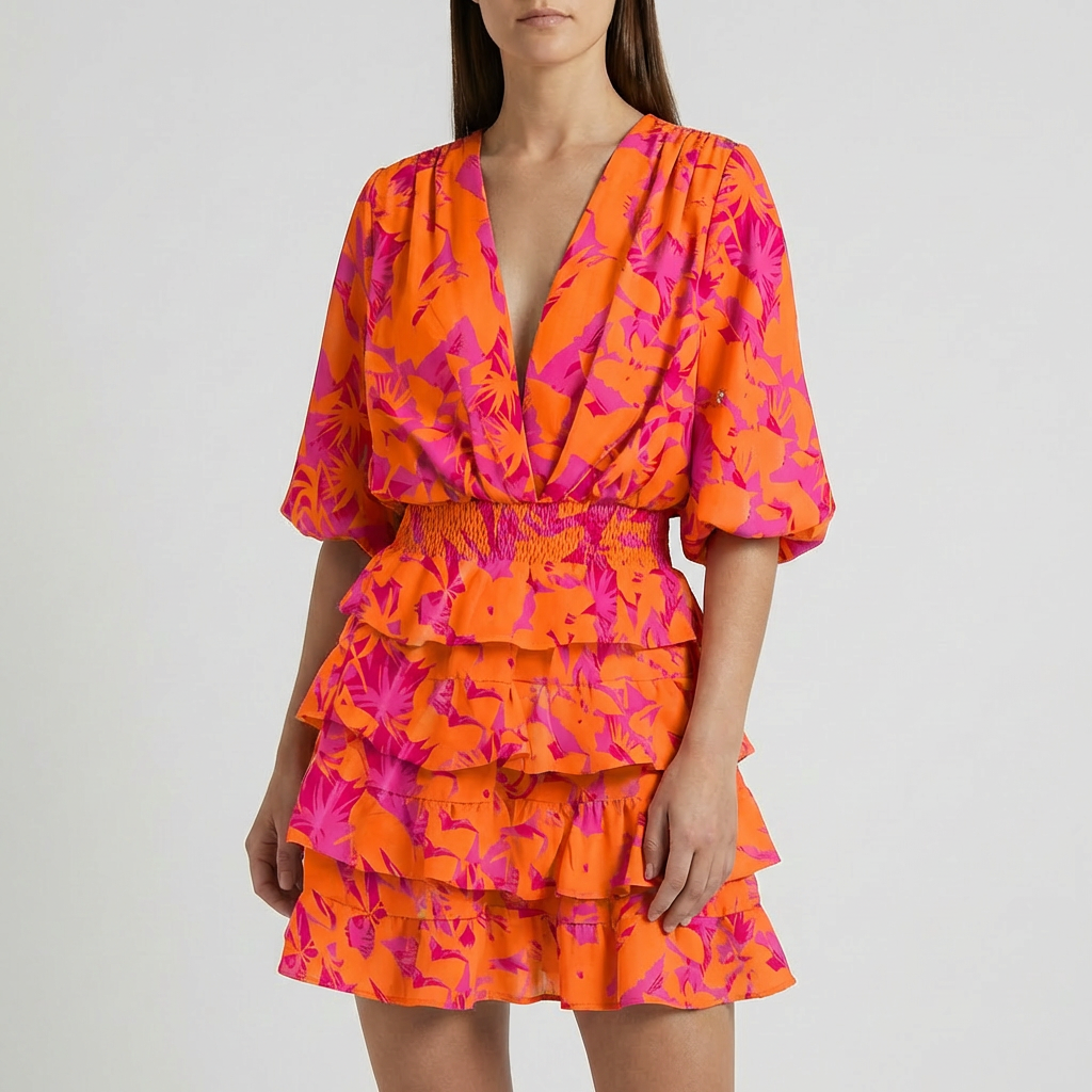Floral Print Ruffle Tiered Wrap Dress