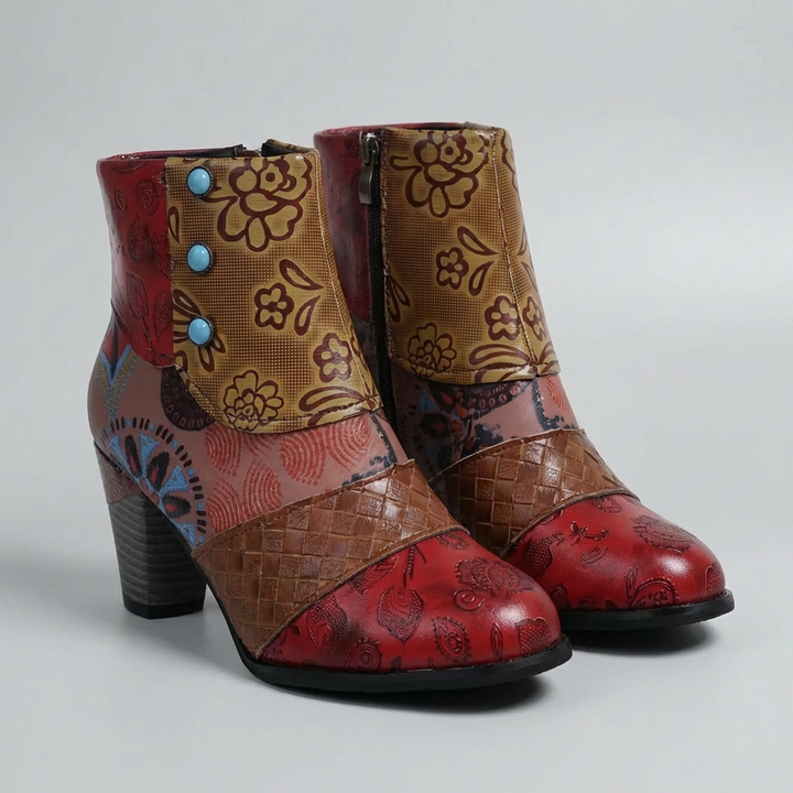 Patchwork Print Block Heel Ankle Boot