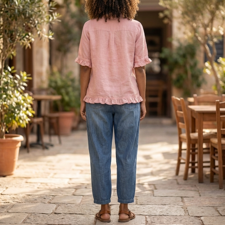Button Down Cotton Blouse with Ruffled Hem