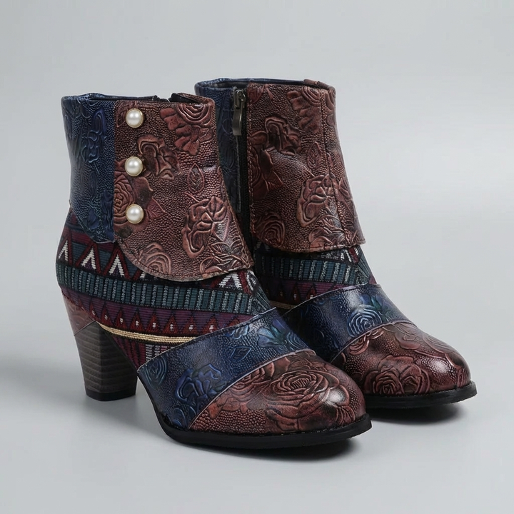 Patchwork Print Block Heel Ankle Boot