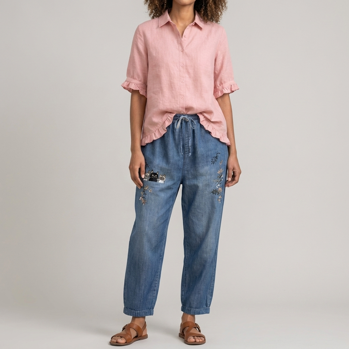 Button Down Cotton Blouse with Ruffled Hem