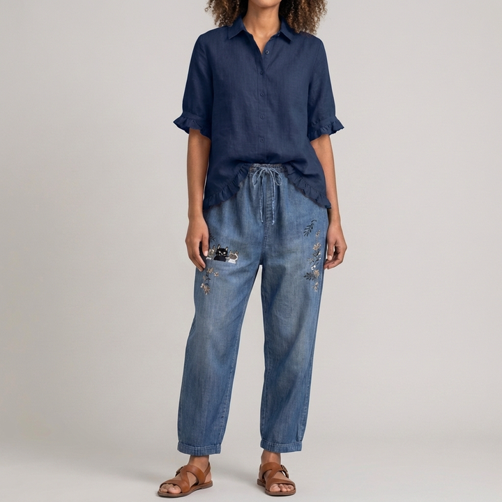 Button Down Cotton Blouse with Ruffled Hem