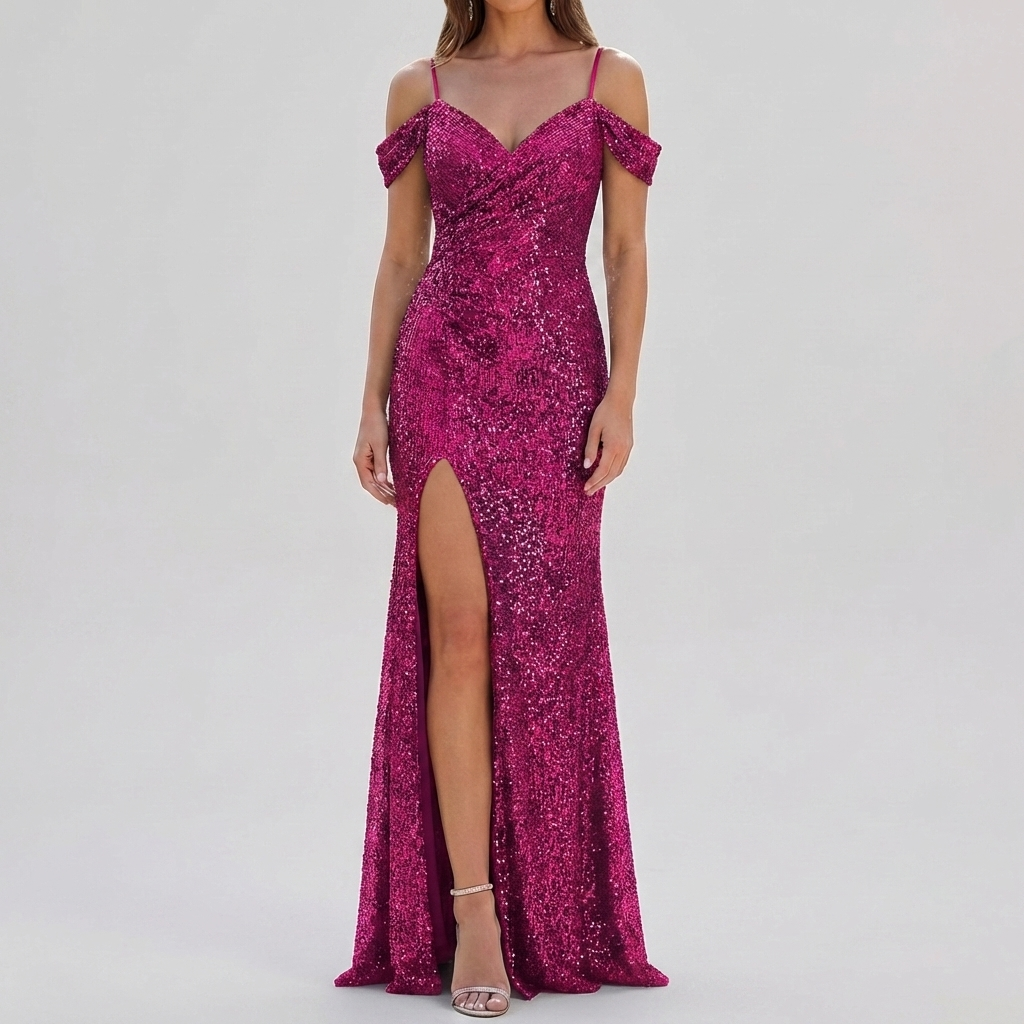 Elegant Sequin Off Shoulder Maxi Dress