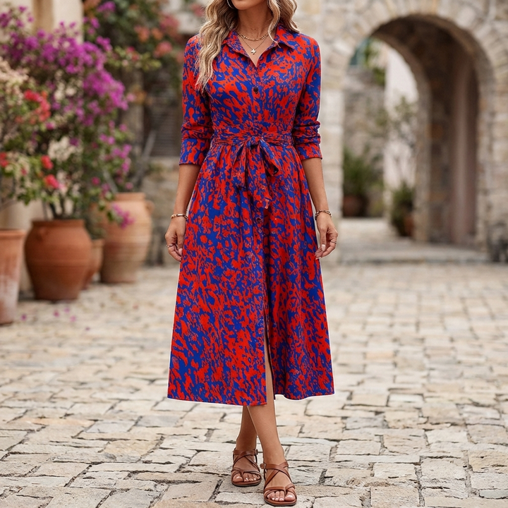 Printed A Line Shirt Dress with Slit for Women