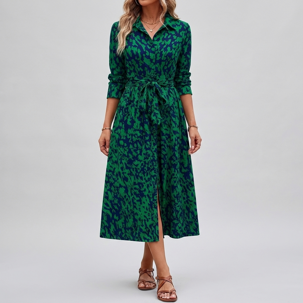 Printed A Line Shirt Dress with Slit for Women