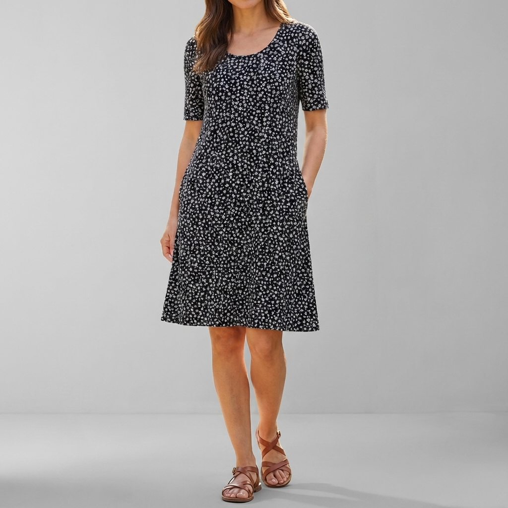 Floral High Waist Midi Dress with Pockets
